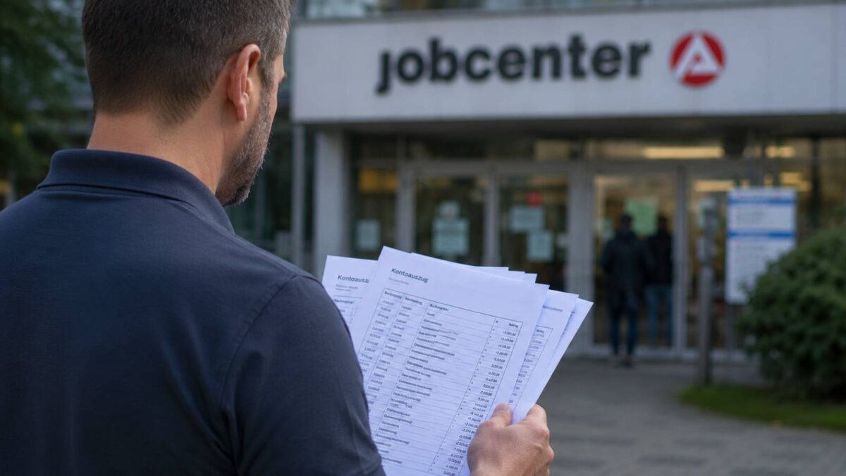 Mann mit mehreren Kontoauszügen vor einem Jobcenter-Eingang.