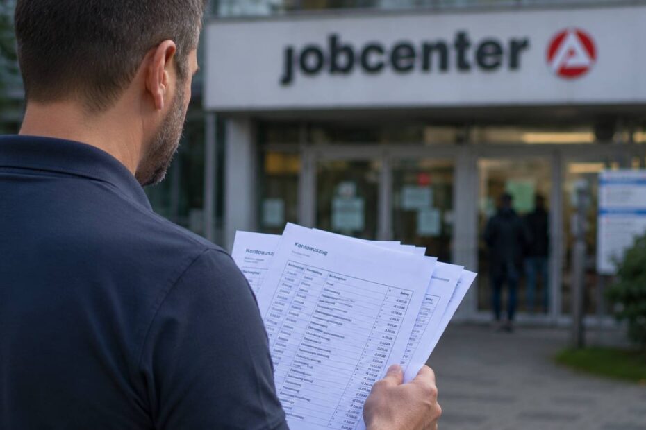 Mann mit mehreren Kontoauszügen vor einem Jobcenter-Eingang.