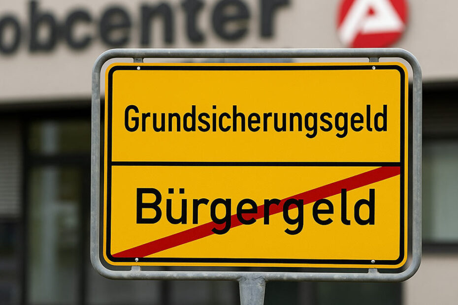 Ortschild vor einem Jobcenter. Oben steht Grundsicherungsgeld. Unten in rot durchgestrichen Bürgergeld (KI generiert)