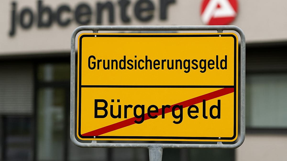 Ortschild vor einem Jobcenter. Oben steht Grundsicherungsgeld. Unten in rot durchgestrichen Bürgergeld (KI generiert)