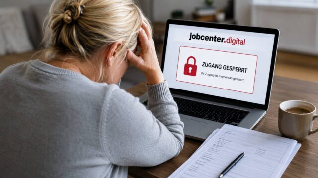 Frau sitzt vor einem Laptop mit gesperrtem Zugang zu jobcenter.digital, daneben liegt ein Bürgergeld-Antrag auf Papier.