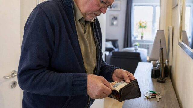 Älterer Mann zählt Geldscheine aus seiner Geldbörse in der Wohnung.