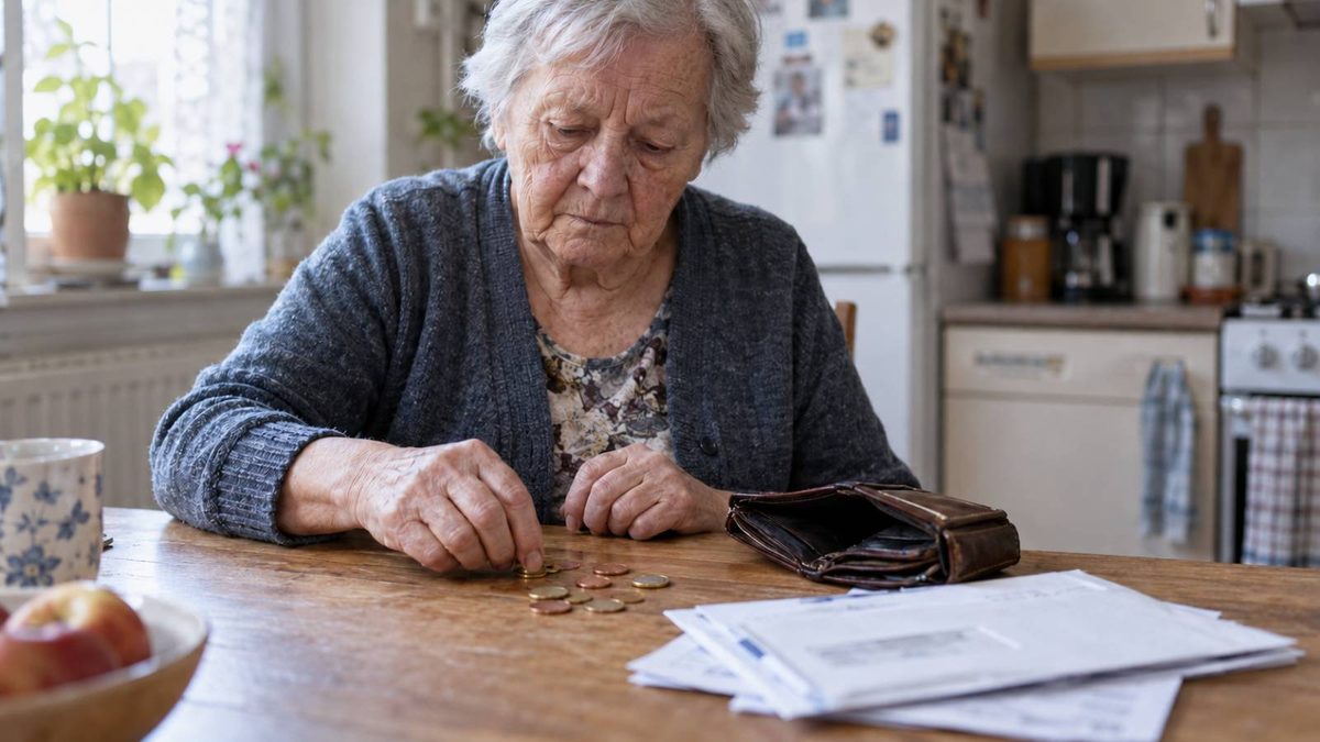 Rentnerin zählt Münzen neben leerer Geldbörse und Rechnungen