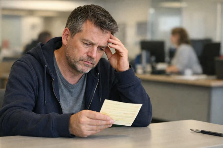 Mann mit besorgtem Blick hält eine ärztliche Krankmeldung in der Hand - im Hintergrund ist unscharf ein Jobcenter zu sehen, passend zum Thema Anzweiflung von Krankmeldungen bei der Neuen Grundsicherung