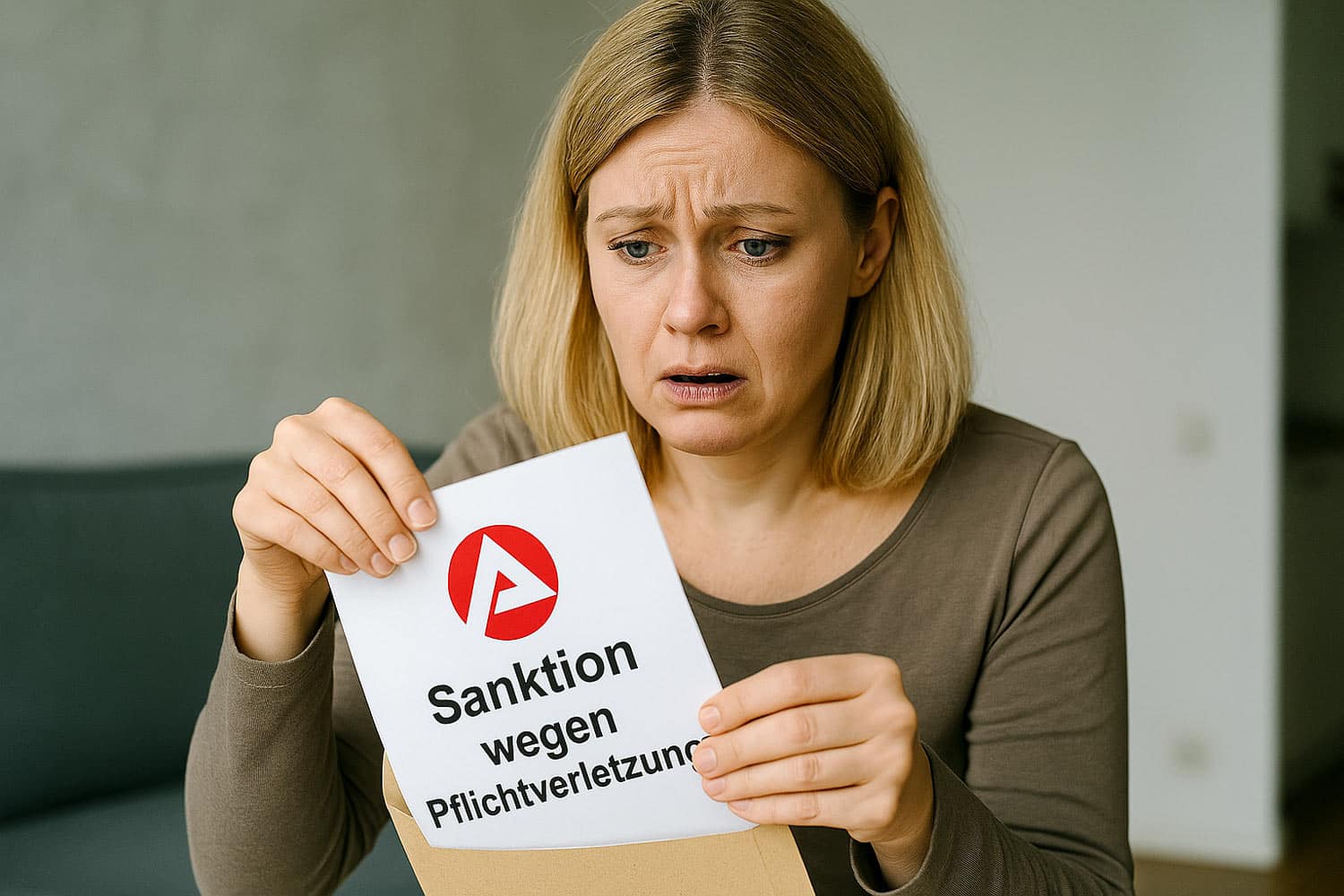 Frau öffnet Brief vom Jobcenter mit Ankündigung von Sanktionen wegen Pflichtverletzung