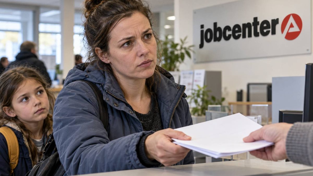 Mutter mit Kind bei der Übergabe von Unterlagen am Jobcenter-Schalter