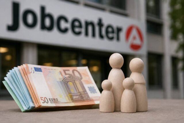 Euro-Banknoten und Holzfiguren einer Familie vor einem Jobcenter-Eingang