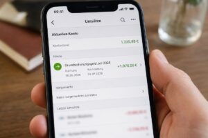 Smartphone mit Kontoauszug zeigt Zahlungseingang Grundsicherungsgeld Juli 2026 über 1.076,00 Euro