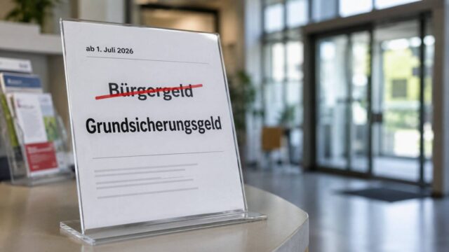 Hinweis im Jobcenter zur Umbenennung von Bürgergeld in Grundsicherungsgeld ab Juli 2026.