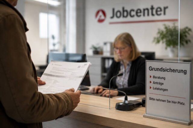 Person mit Unterlagen an einem Jobcenter-Schalter. Im Vordergrund steht ein Hinweisschild zur Grundsicherung, während eine Mitarbeiterin den Vorgang bearbeitet.