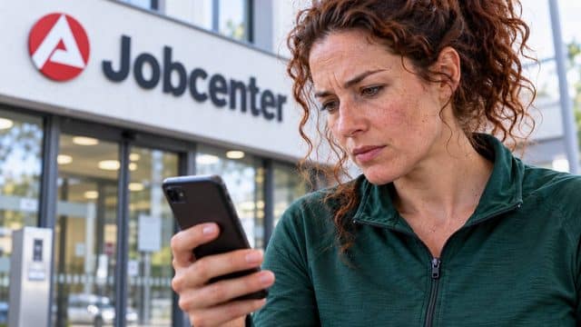 Frau blickt auf ihr Smartphone, hinter ihr ist der Jobcenter-Schriftzug an der Fassade unscharf zu erkennen.