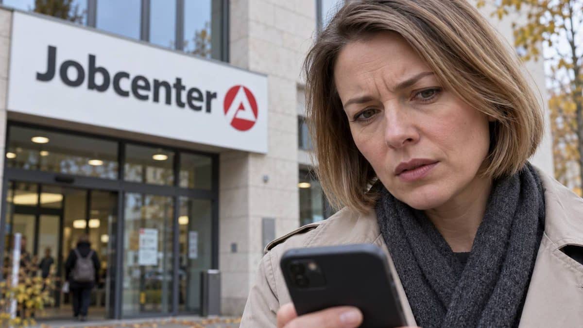 Frau mit Smartphone und fragendem Blick vor einem Jobcenter.