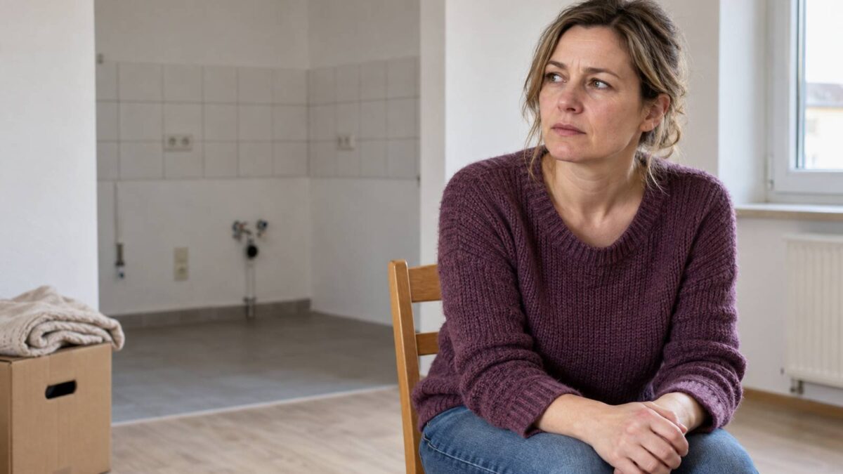 Frau sitzt auf einem Holzstuhl in einer kaum möblierten Wohnung mit leerer Küchennische.