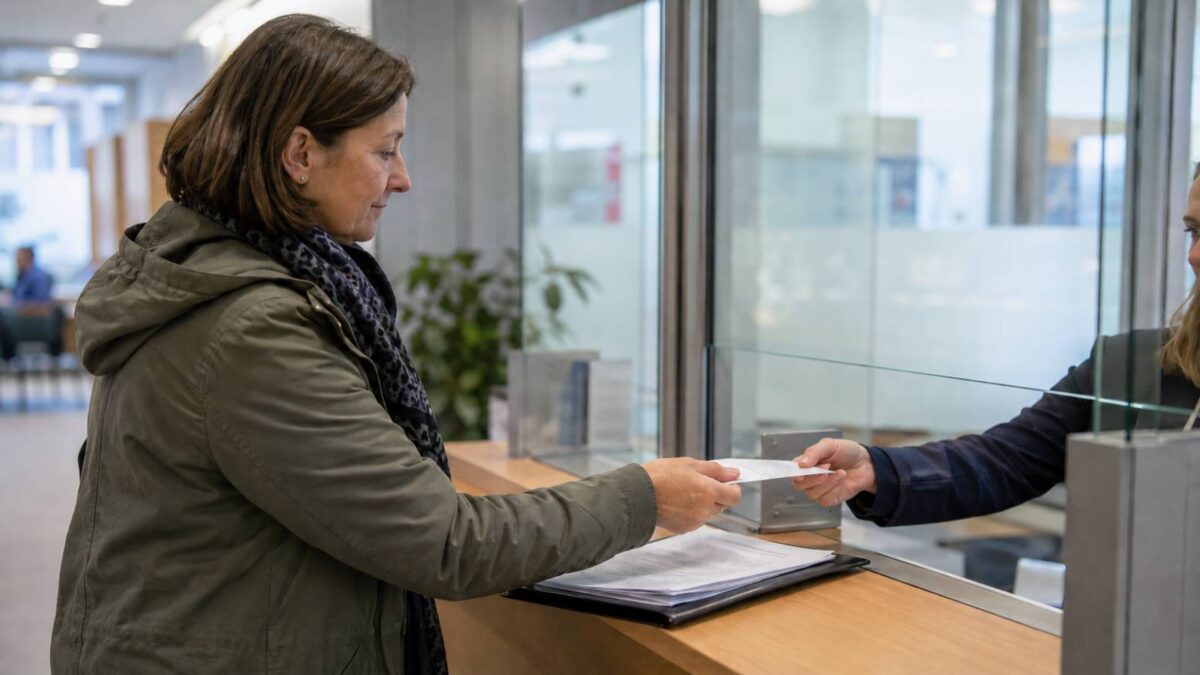 Frau nimmt am Jobcenter-Schalter einen Auszahlungsschein entgegen.