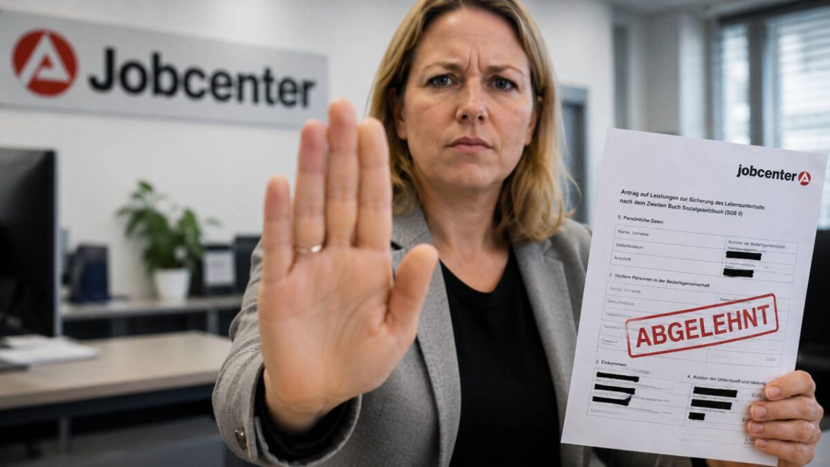 Sachbearbeiterin im Jobcenter hält einen Grundsicherungsantrag mit dem Stempel „ABGELEHNT“ hoch und signalisiert mit erhobener Hand Stopp.