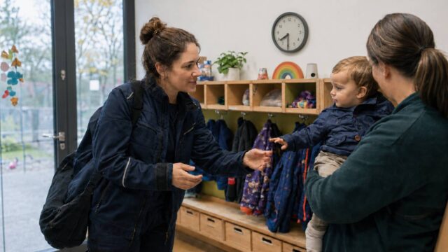 Mutter in Arbeitskleidung bringt ihr kleines Kind am frühen Morgen zur Kita.