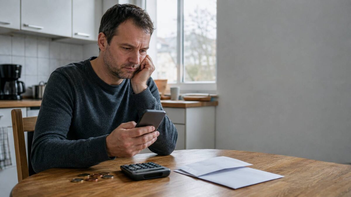 Mann prüft am Küchentisch eine gekürzte Auszahlung des Grundsicherungsgeldes auf seinem Smartphone