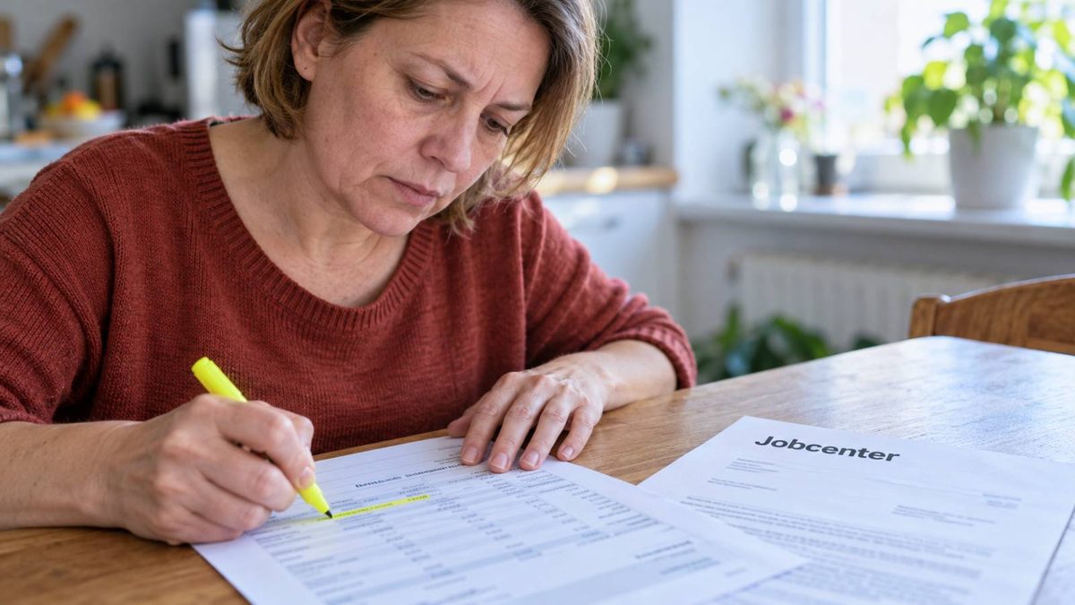 Frau markiert eine Buchung auf einem Kontoauszug, daneben liegt ein Jobcenter-Schreiben.