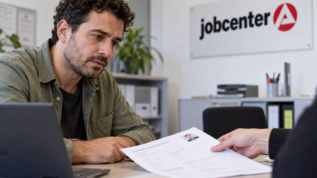 Mann bespricht Bewerbungsunterlagen im Jobcenter