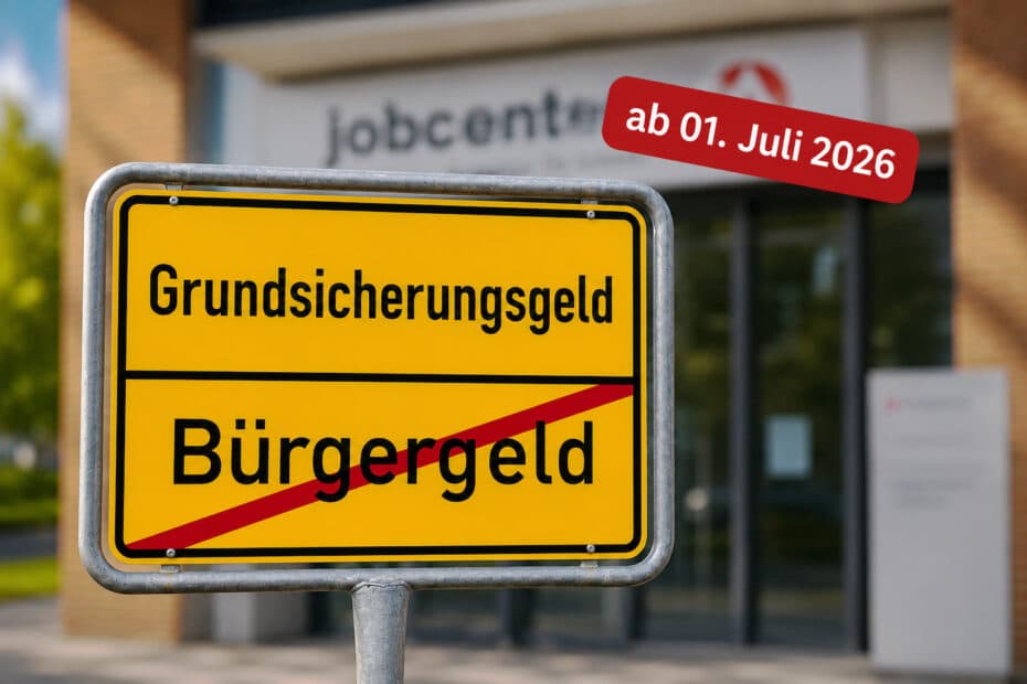 Schild mit Grundsicherungsgeld statt Bürgergeld vor unscharfem Jobcenter-Gebäude mit Hinweis ab 01. Juli 2026