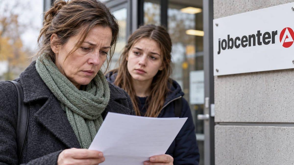 Besorgte Mutter liest neben ihrer erwachsenen Tochter einen Brief vor einem Jobcenter.