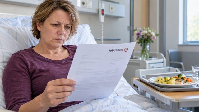 Frau liest einen Jobcenter-Brief im Krankenhausbett, neben ihr steht ein Tablett mit einer Mahlzeit.