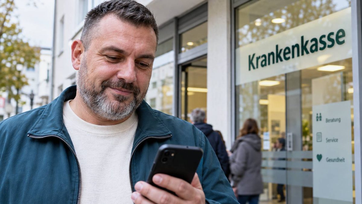 Mann schaut vor einer Krankenkasse zufrieden auf sein Smartphone.