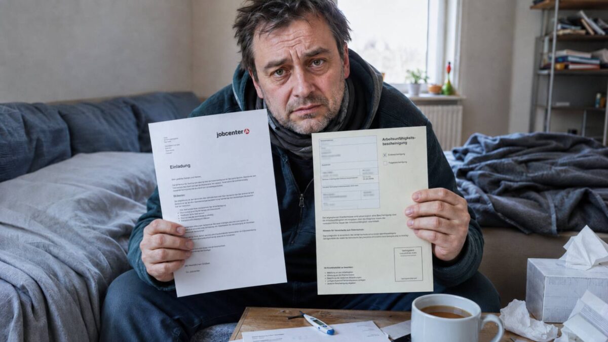 Kranker Mann hält eine Jobcenter-Einladung und eine Arbeitsunfähigkeitsbescheinigung in den Händen