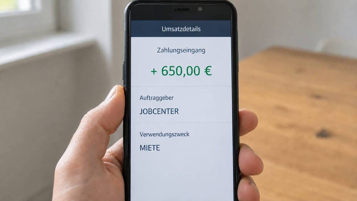 Kontoauszug auf dem Handy mit Geldeingang "Miete" vom Jobcenter