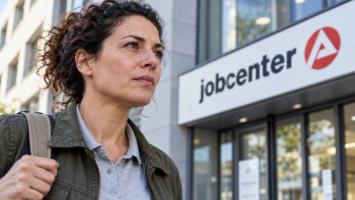 Frau mit Schultertasche vor einem Jobcenter-Eingang.