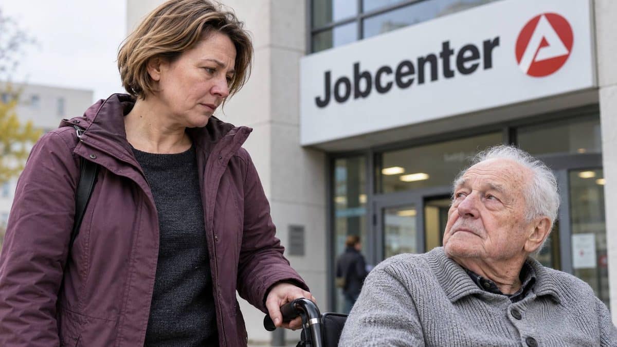 Besorgte Frau steht neben einem älteren Mann im Rollstuhl vor dem Eingang eines Jobcenters.
