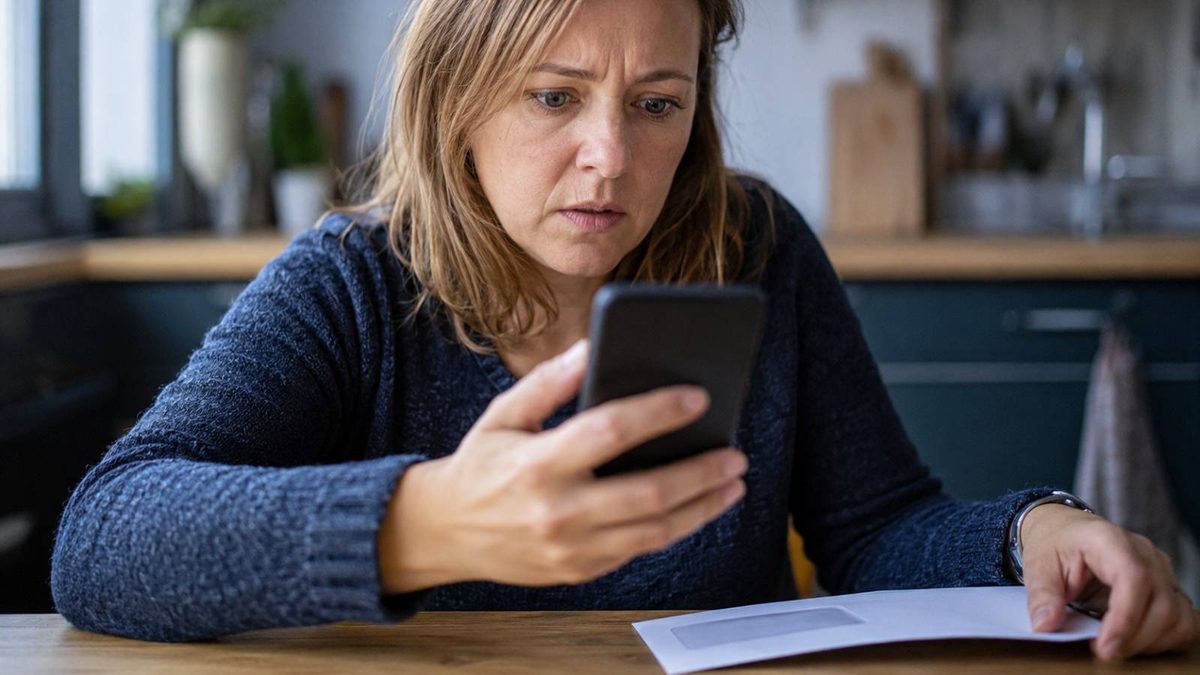 Besorgte Frau prüft auf ihrem Smartphone das verfügbare Haushaltsgeld