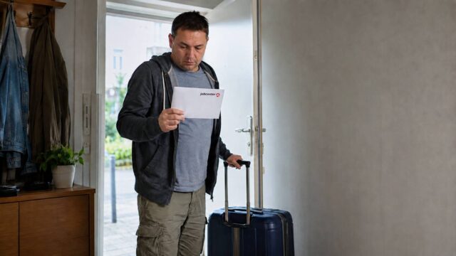 Mann mit gepacktem Koffer an der Wohnungstür liest vor der Abreise einen Brief vom Jobcenter