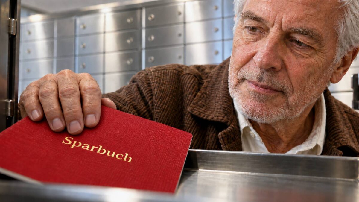 Älterer Mann legt ein rotes Sparbuch in ein geöffnetes Bankschließfach.