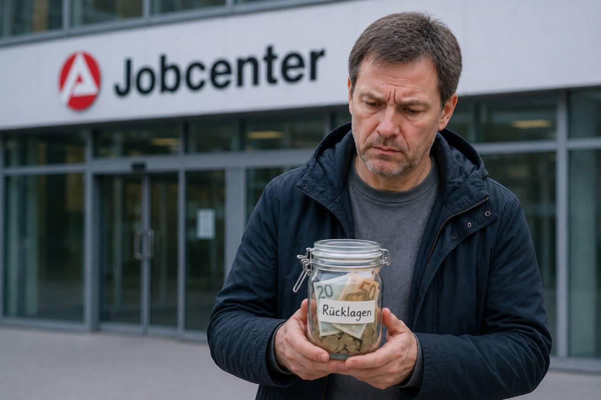 Mann mit einem Glas voller Ersparnisse vor einem Jobcenter – die neuen Vermögensgrenzen beim Grundsicherungsgeld sorgen für Unsicherheit.
