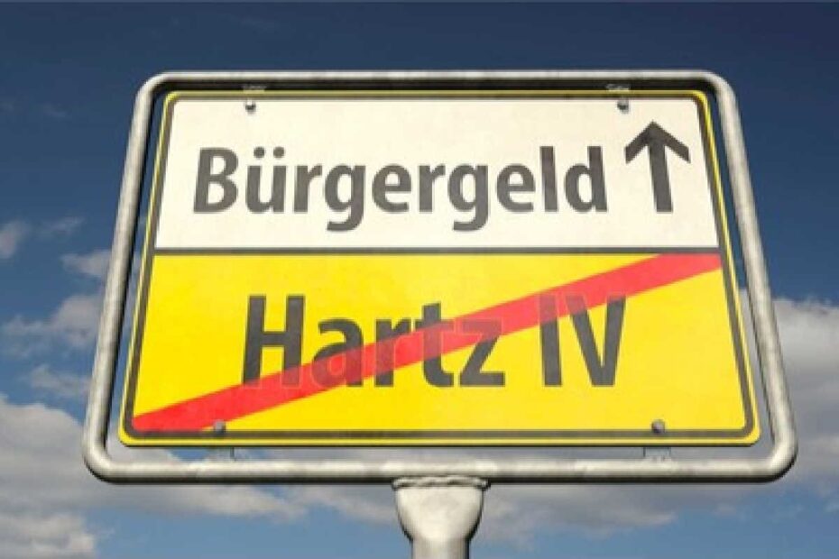 Ortschild Hartz IV durchgestrichen in Richtung Bürgergeld