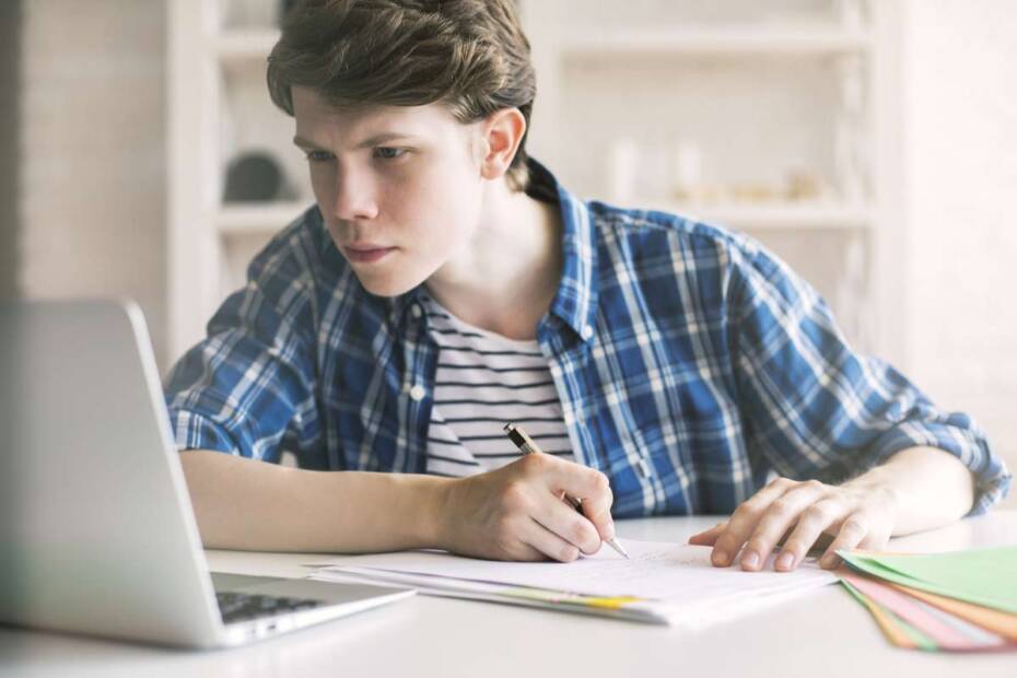 Junge sitzt vor Laptop und lernt