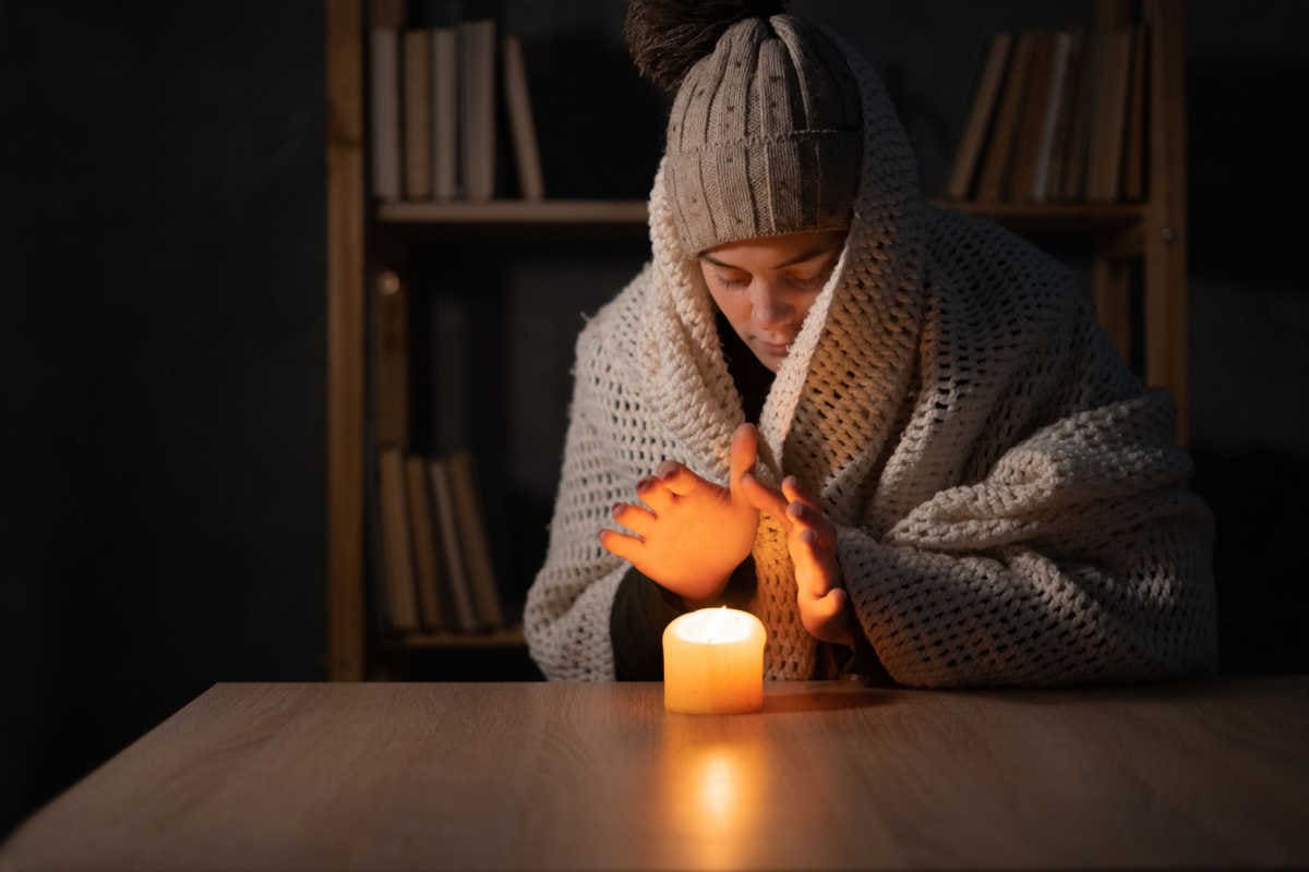Frau warm angezogen in Wohnung wärmt sich Hände an Kerze