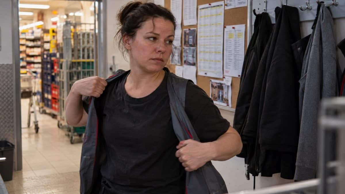 Frau sieht sich im Personalraum eines Supermarktes die Dienstweste aus