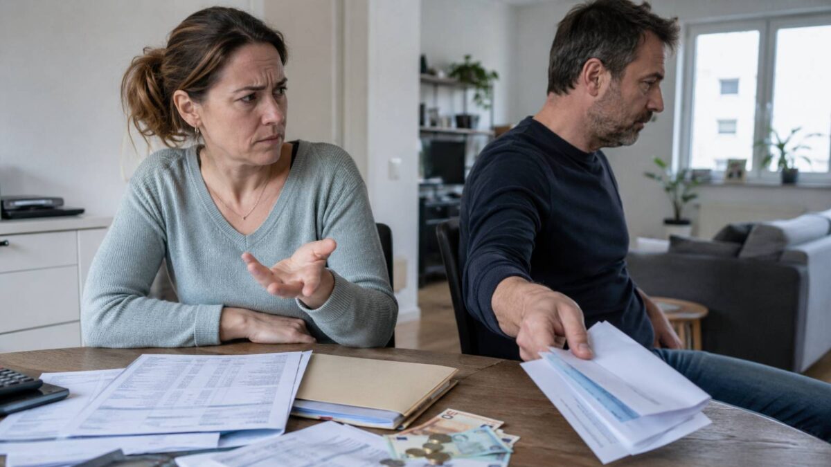 Frau gestikuliert am Tisch, während ihr Partner sich mit Unterlagen abwendet; vor ihnen liegen Kontoauszüge und Bargeld