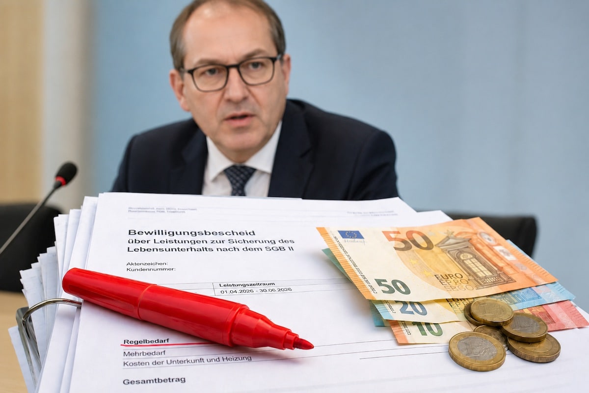 Ordner mit Unterlagen zum Bürgergeld Regelbedarf und Rotstift vor dem Innenminister Dobrindt