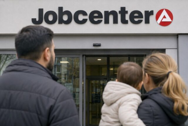Eine Familie mit Kleinkind auf dem Arm vor dem Eingang des Jobcenters