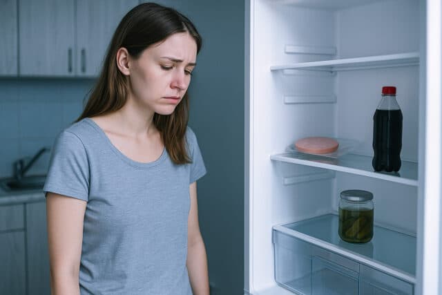 Junge Frau steht traurig in karger Küche vor leerem Kühlschrank - Symbolbild für Armut