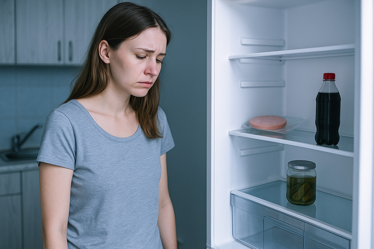 Junge Frau steht traurig in karger Küche vor leerem Kühlschrank - Symbolbild für Armut