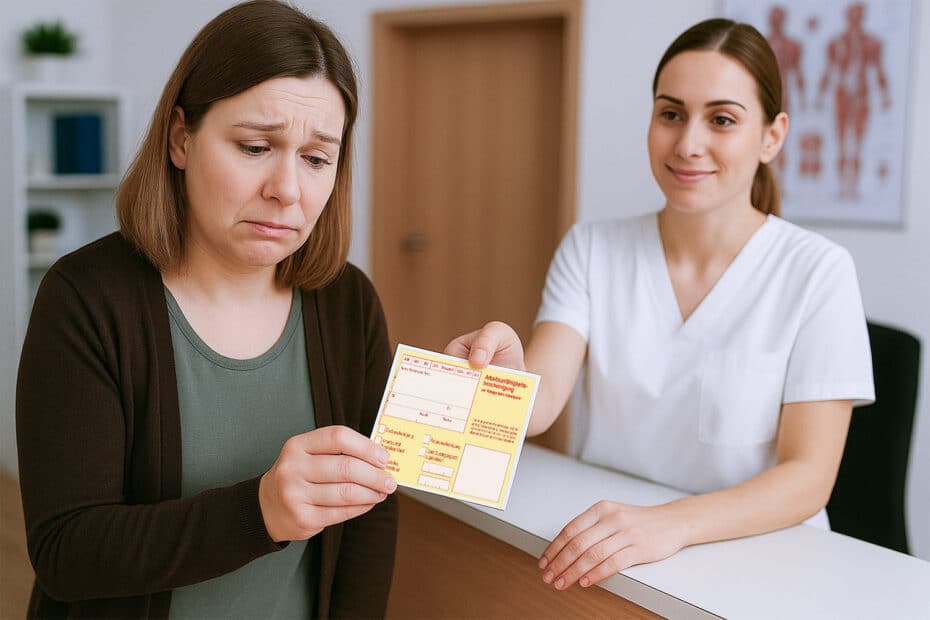 Frau erhält an der Rezeption einer Arztpraxis eine Arbeitsunfähigkeitsbescheinigung – Symbolbild für die Pflicht zur Papier-AU bei Bürgergeld-Bezug.