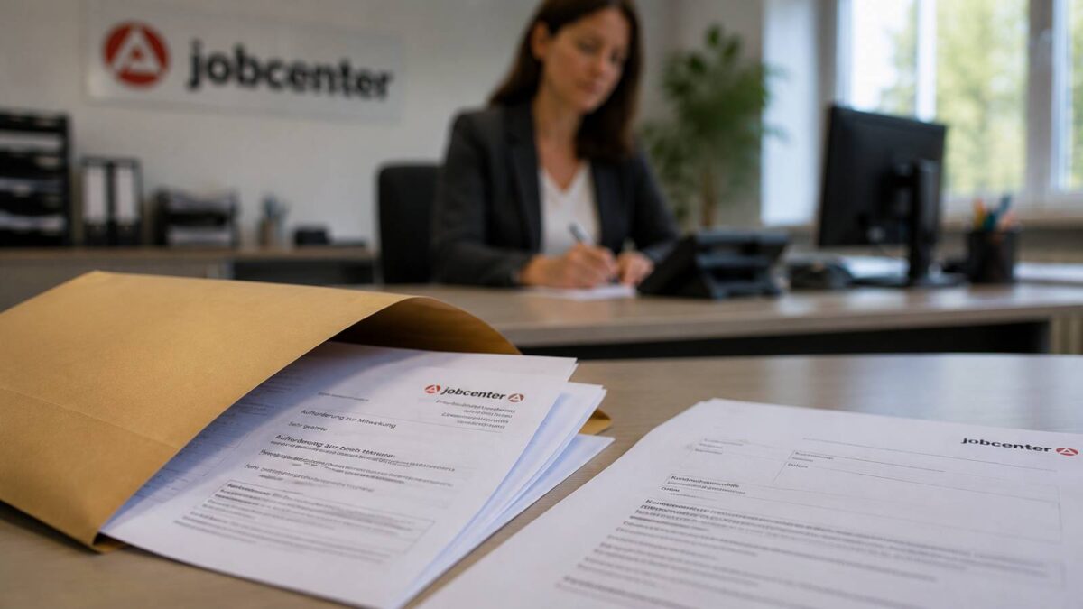 Schreibtisch im Jobcenter mit 'Aufforderung zur Mitwirkung' und Briefumschlag im Fokus; Sachbearbeiterin im unscharfen Hintergrund.