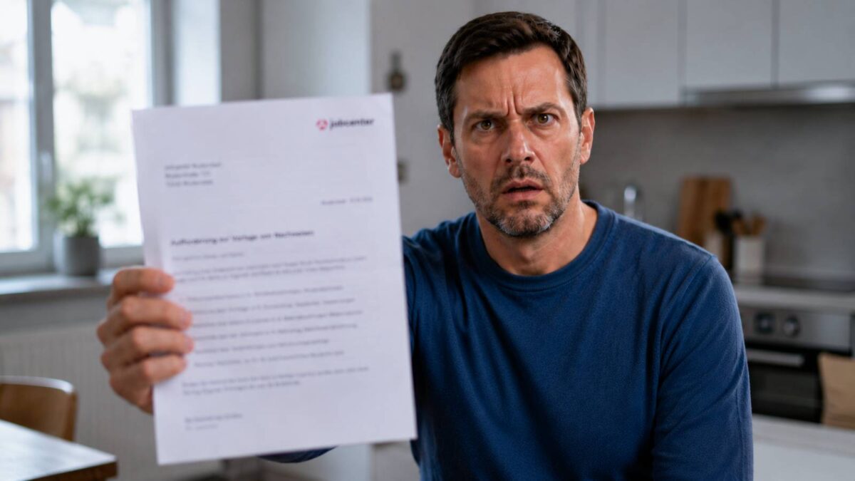 Mann hält einen Brief des Jobcenters mit Aufforderung zur Offenlegung von Einkommen und Vermögen in Richtung der Kamera und blickt verunsichert.