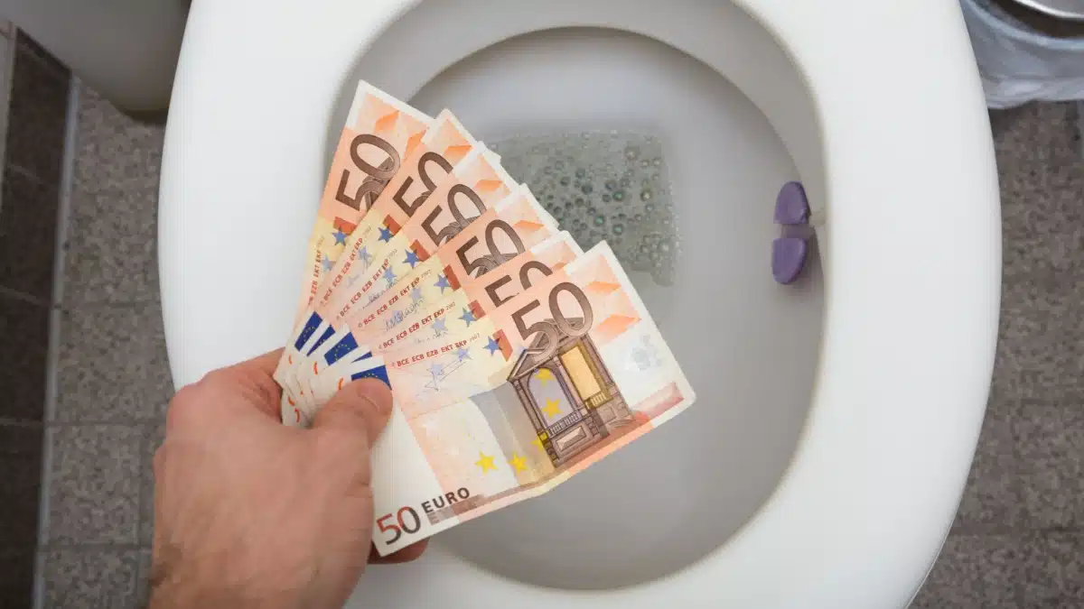 Hände halten einen Fächer aus Euro-Banknoten (50-Euro-Scheine). Symbol für Geldfluss, Miete, Bürgergeld und den Betrug im Sozialsystem.