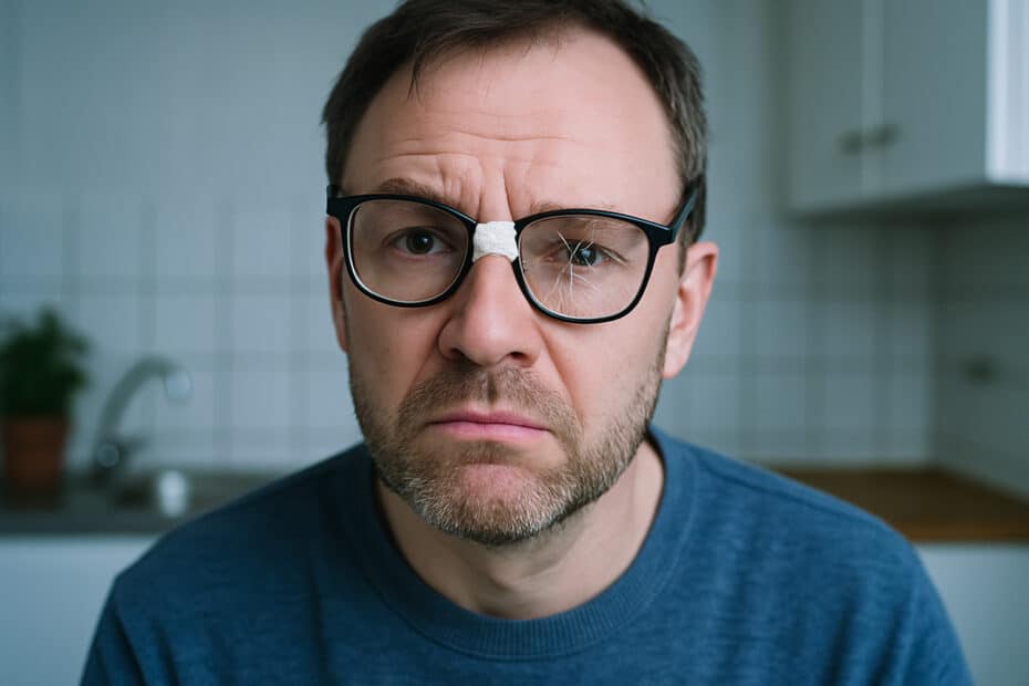Zerknirschter Mann mit kaputter Brille auf dem Gesicht
