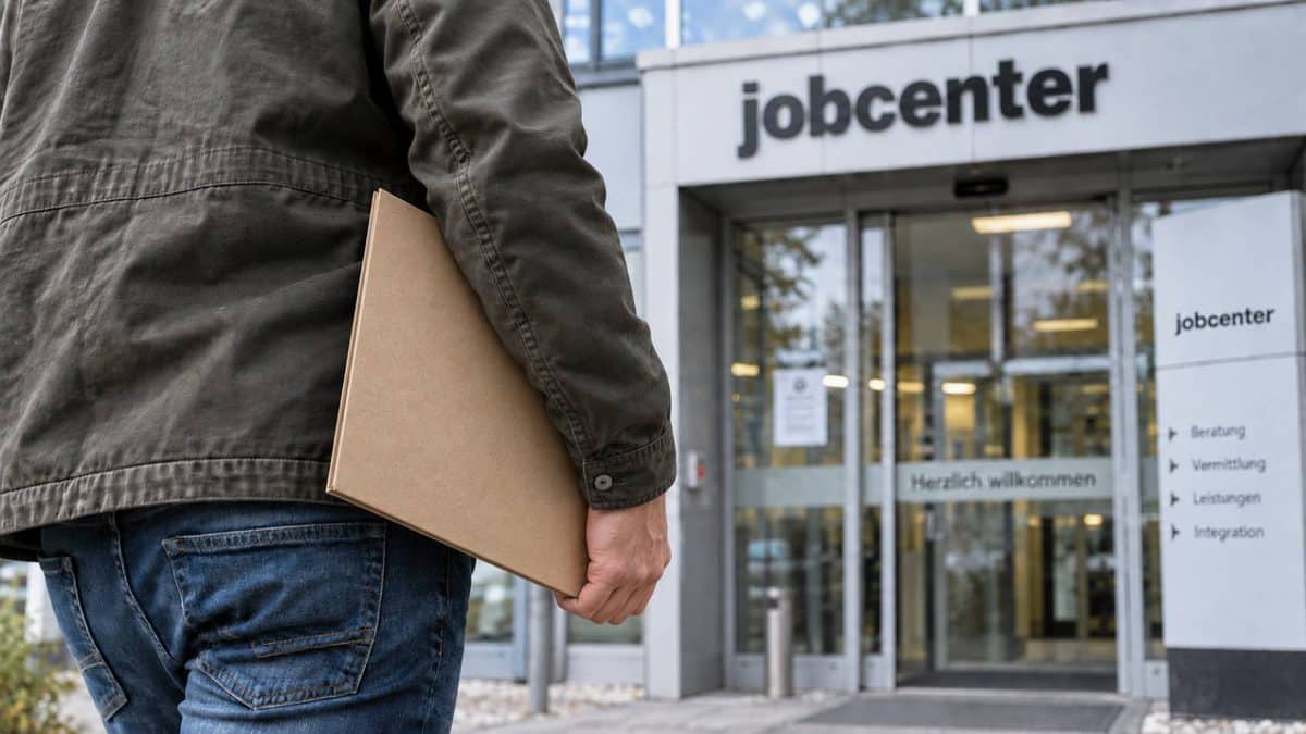 Mann mit Dokumentenmappe auf dem Weg zum Eingang eines Jobcenters.